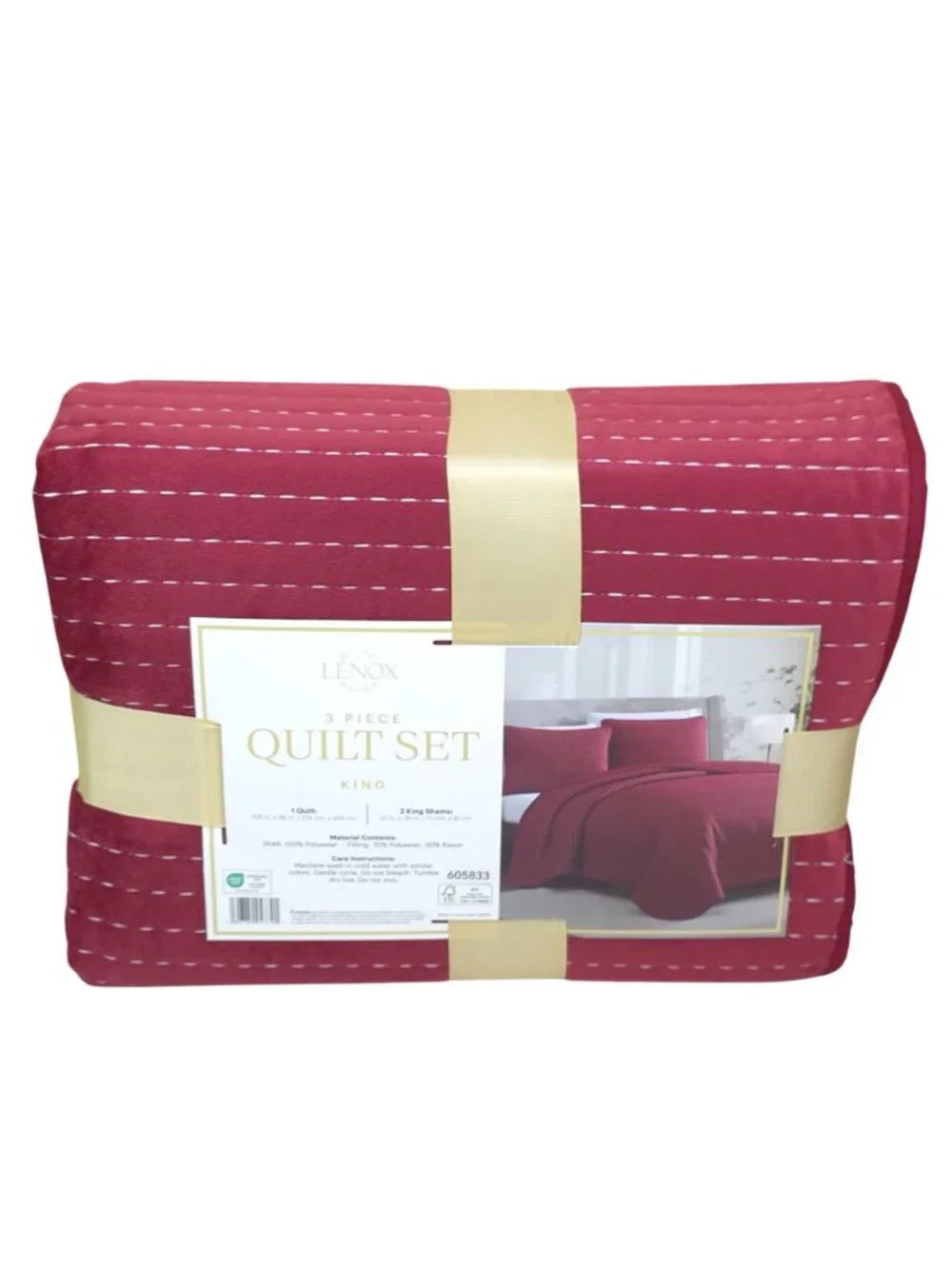 Lenox 3-Piece King Quilt Set Luxurious Feel Easy Care Red Pin Stripes Holiday
